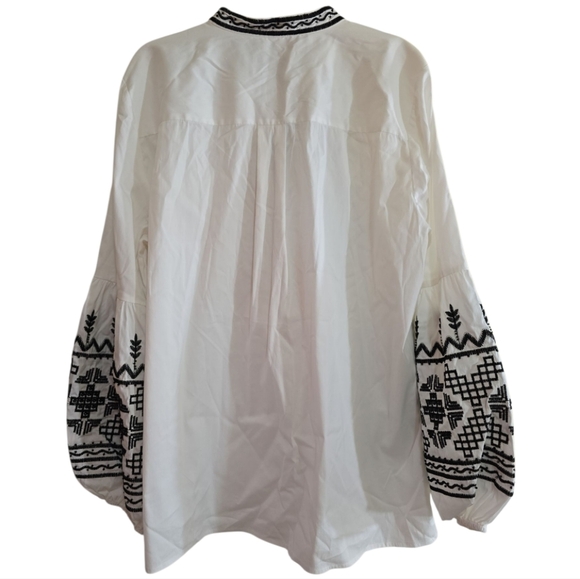 Chico’s Boho Embroidered Beaded Tunic Top Blouse 12 Balloon Sleeves White Black - Picture 3 of 5